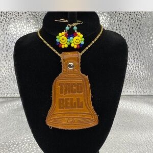 *** Taco Bell  ^^^ Leather Taco Bell Pendant Necklace - Tan *** / Earrings ^^^